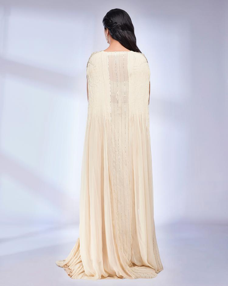 Twamev Women Dark Cream Scallop Bordered Draped Saree with Cape