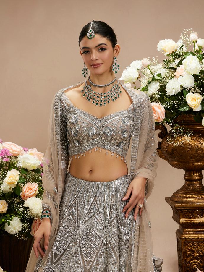 Twamev Women Steel Grey Jaal Patterned Sequinned Lehenga with Cutdana Work
