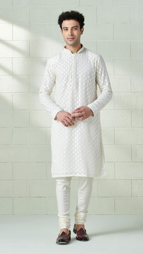 Twamev Men Powder White Chikankari Embroidered Kurta Set