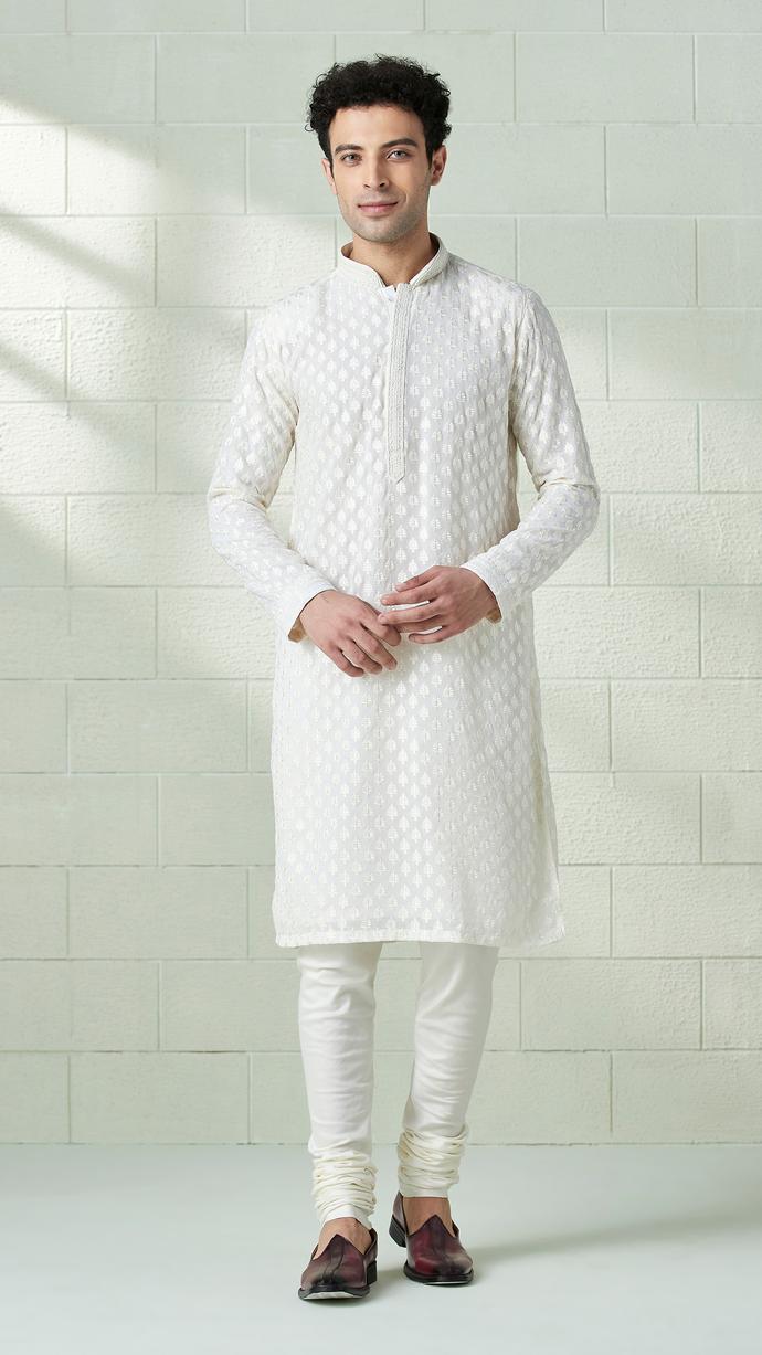 Twamev Men Powder White Chikankari Embroidered Kurta Set