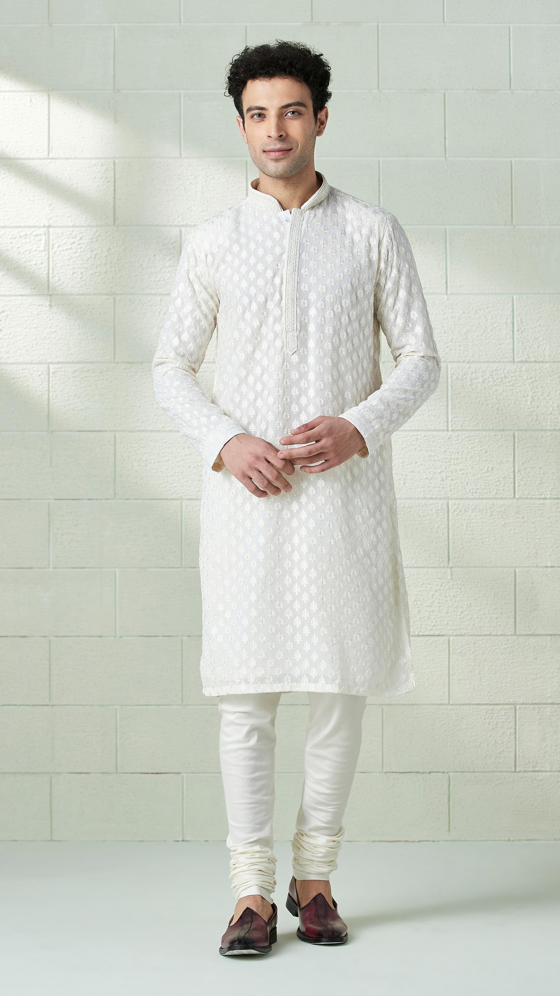 Twamev Men Powder White Chikankari Embroidered Kurta Set