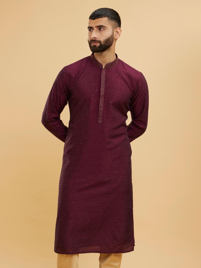 Twamev Men Wine Red Self Patterned Kurta Set with Rhinestone Embellishment