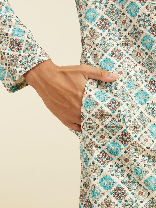 Diwas Men Aqua Green Chikankari Inspired Printed Kurta