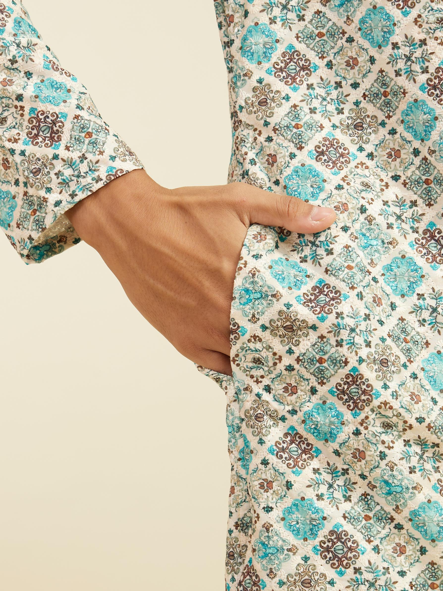 Diwas Men Aqua Green Chikankari Inspired Printed Kurta