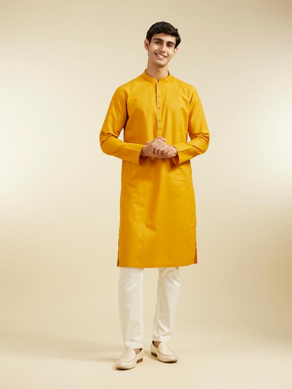 Diwas Men Mustard Yellow Plain Kurta With Embroidered Collar