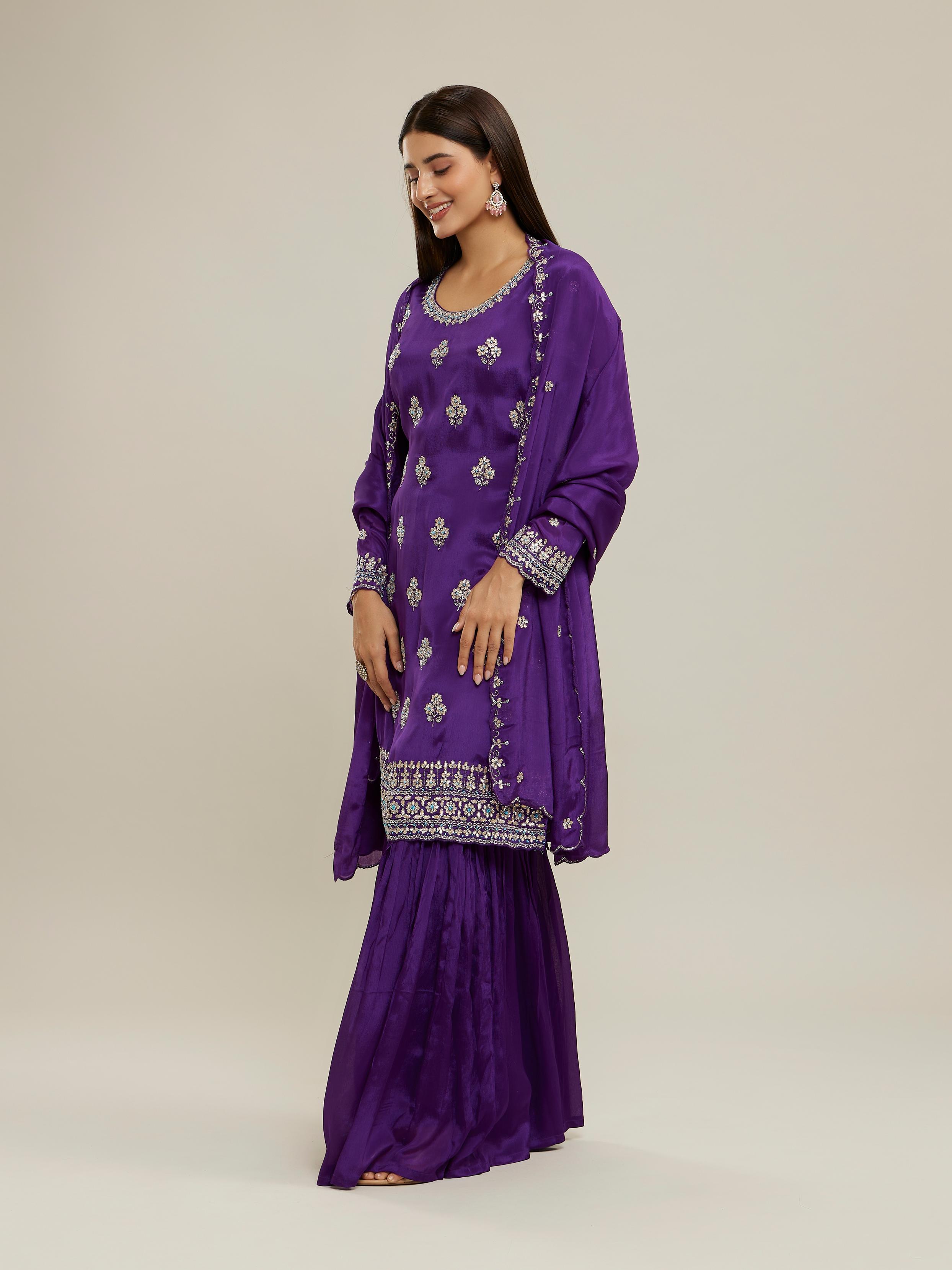 Twamev Women Royal Purple Chinon Stitched Suit