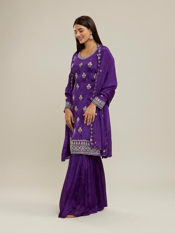 Twamev Women Royal Purple Chinon Stitched Suit