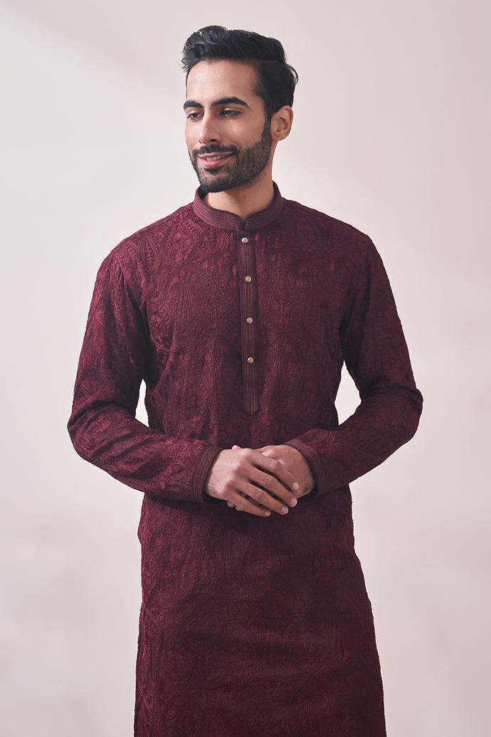 Twamev Men Berry Wine Kurta Set