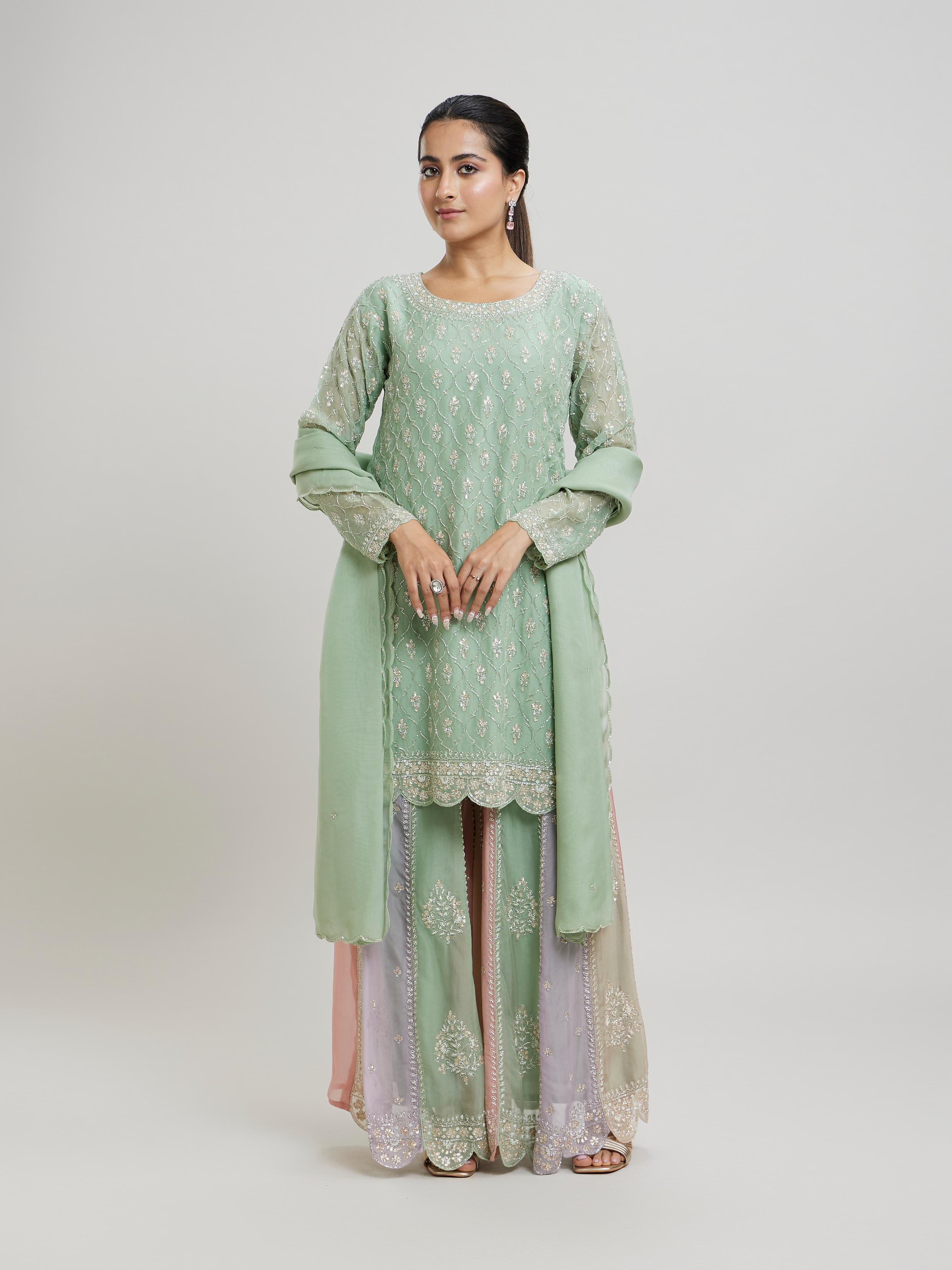Twamev Women Gracious Pista Green Stitched Suit