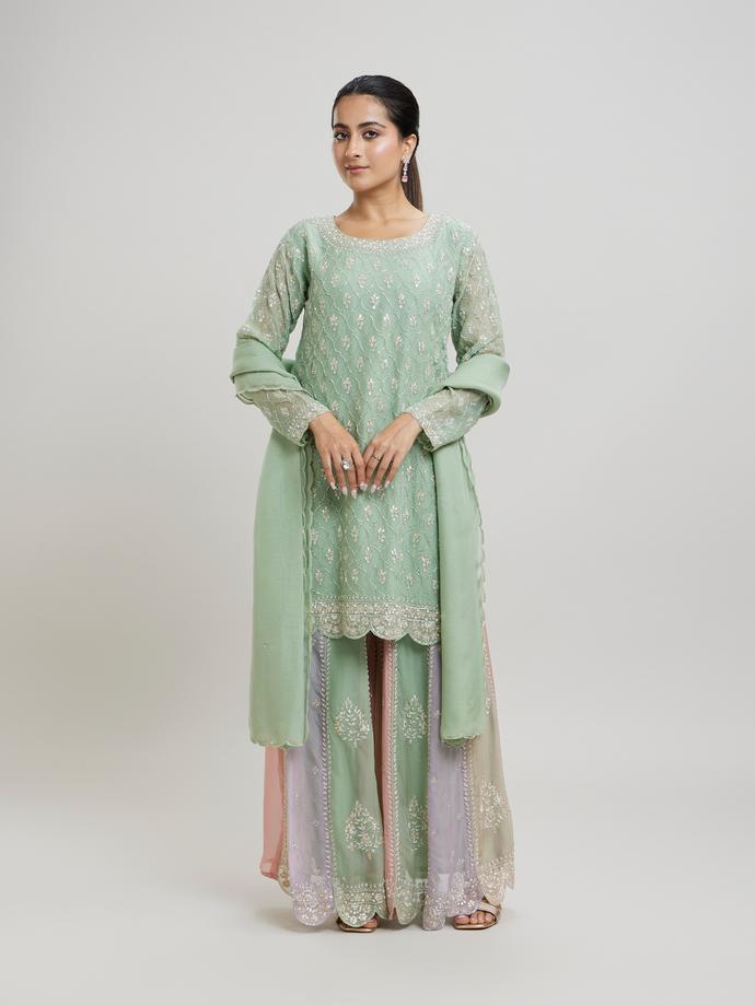 Twamev Women Gracious Pista Green Stitched Suit