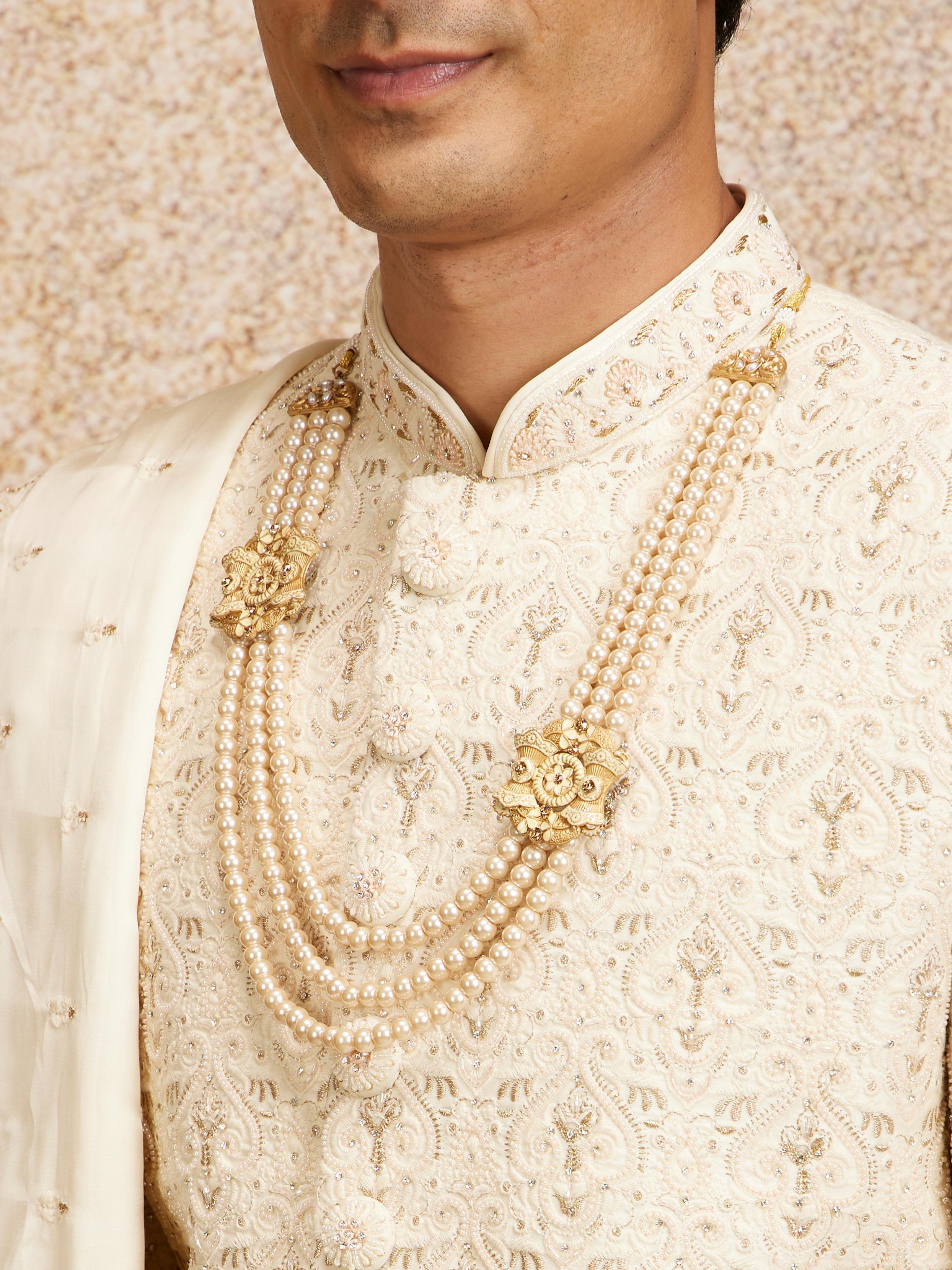 Twamev Men Cream Imperial Jaal Patterned Sherwani Set