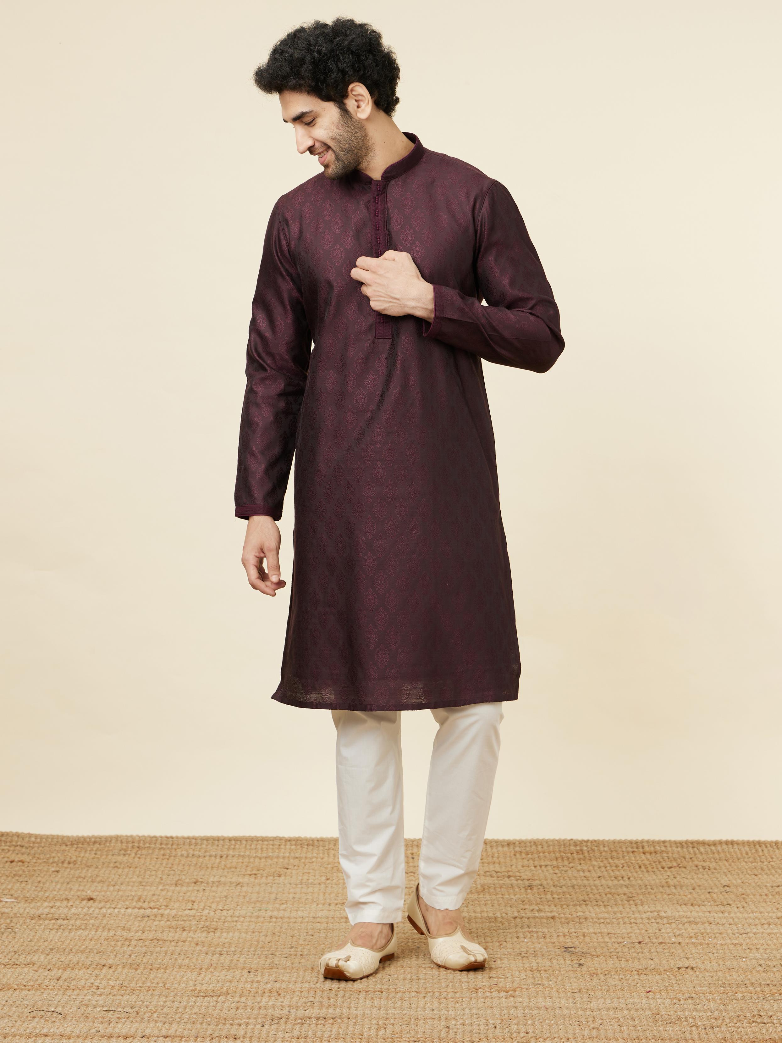 Twamev Men Wine Jacquard Kurta Set