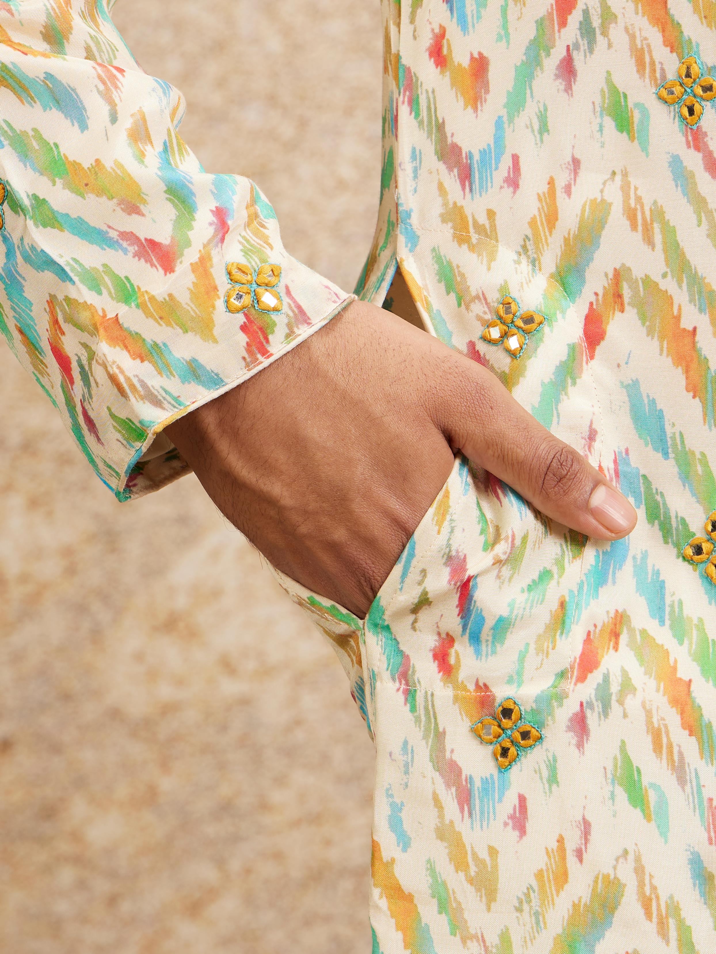Twamev Men Beige Multicoloured Chevron Patterned Kurta Set