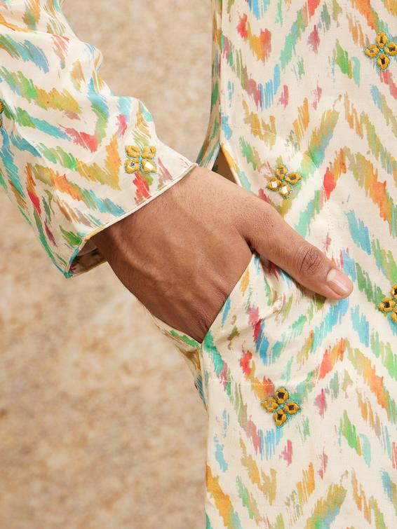 Twamev Men Beige Multicoloured Chevron Patterned Kurta Set