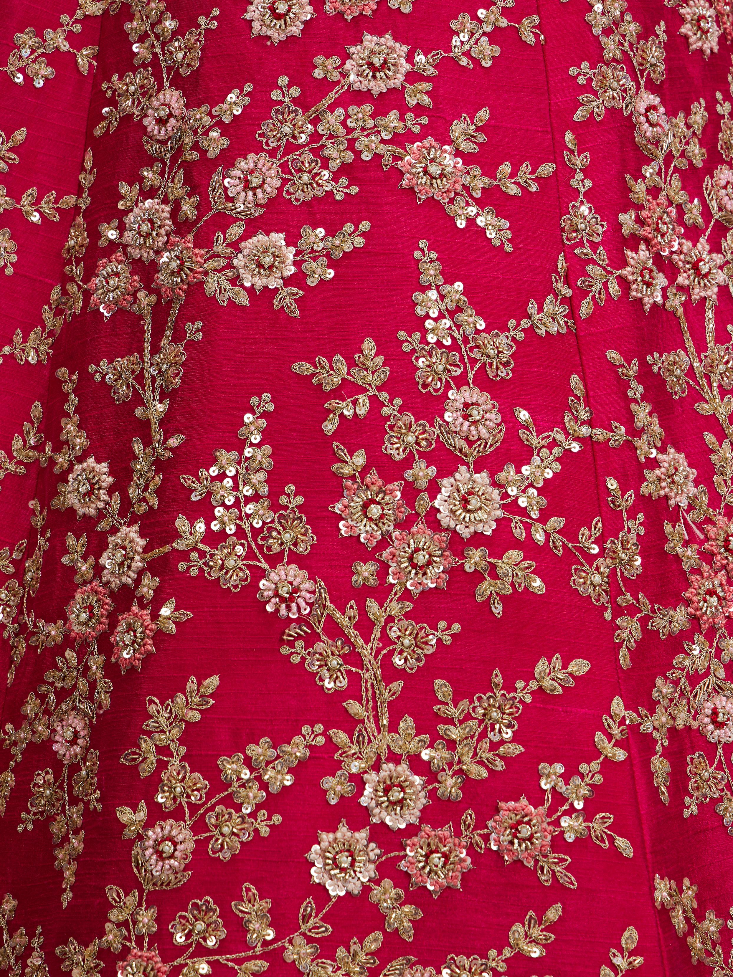Twamev Women Rani Pink Bel Buti Embroidered Lehenga with Intricate Borders, Sequin And Stone Work