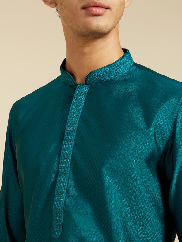 Diwas Men Teal Green Lattice Patterned Kurta
