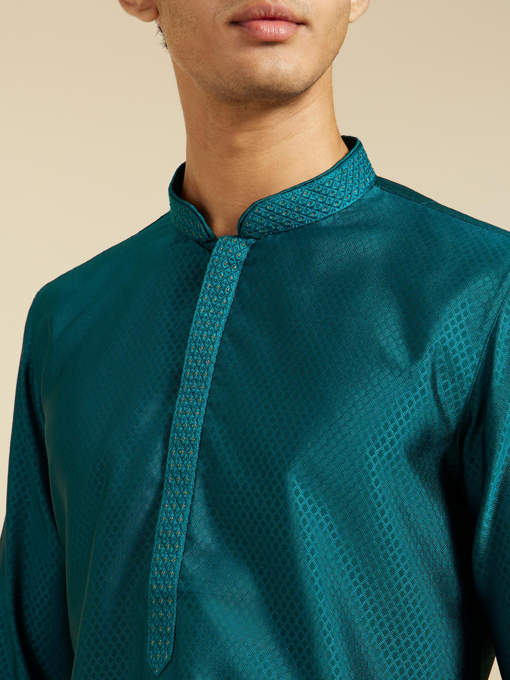Diwas Men Teal Green Lattice Patterned Kurta