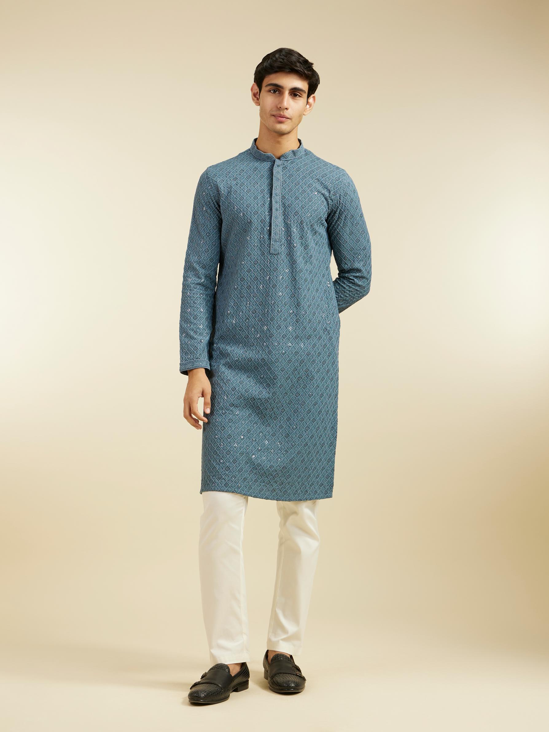 Diwas Men Oxford Blue Chikankari Kurta With Sequins