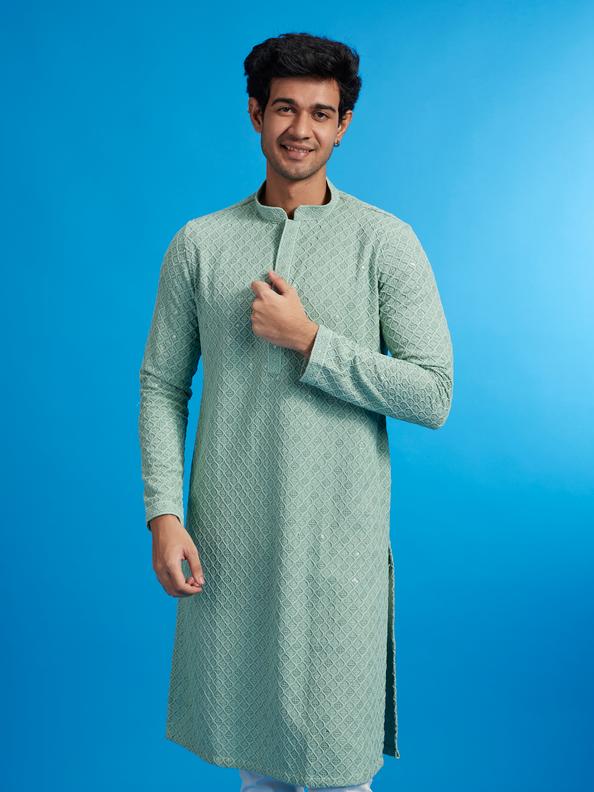 Diwas Men Soft Green Chikankari Kurta With Sequins