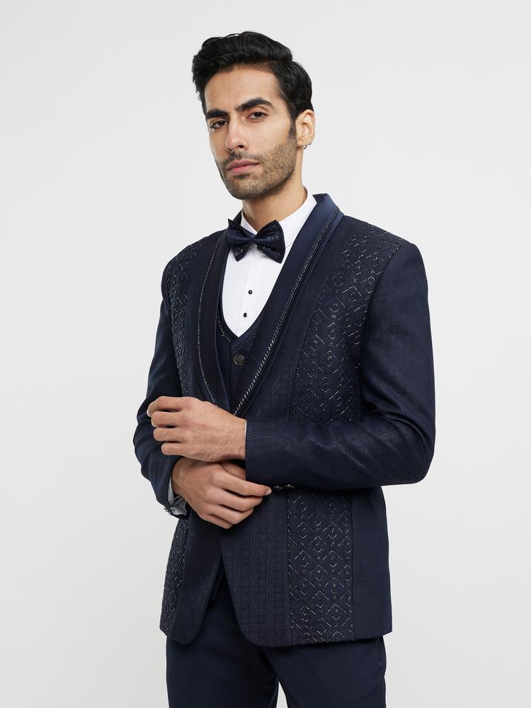 Twamev Men Midnight Blue Jaal Patterned Suit Set with Sequin Work