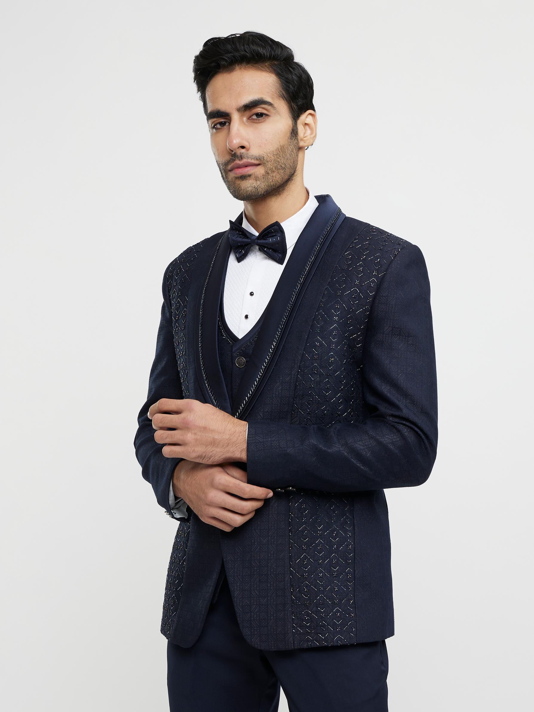 Twamev Men Midnight Blue Jaal Patterned Suit Set with Sequin Work