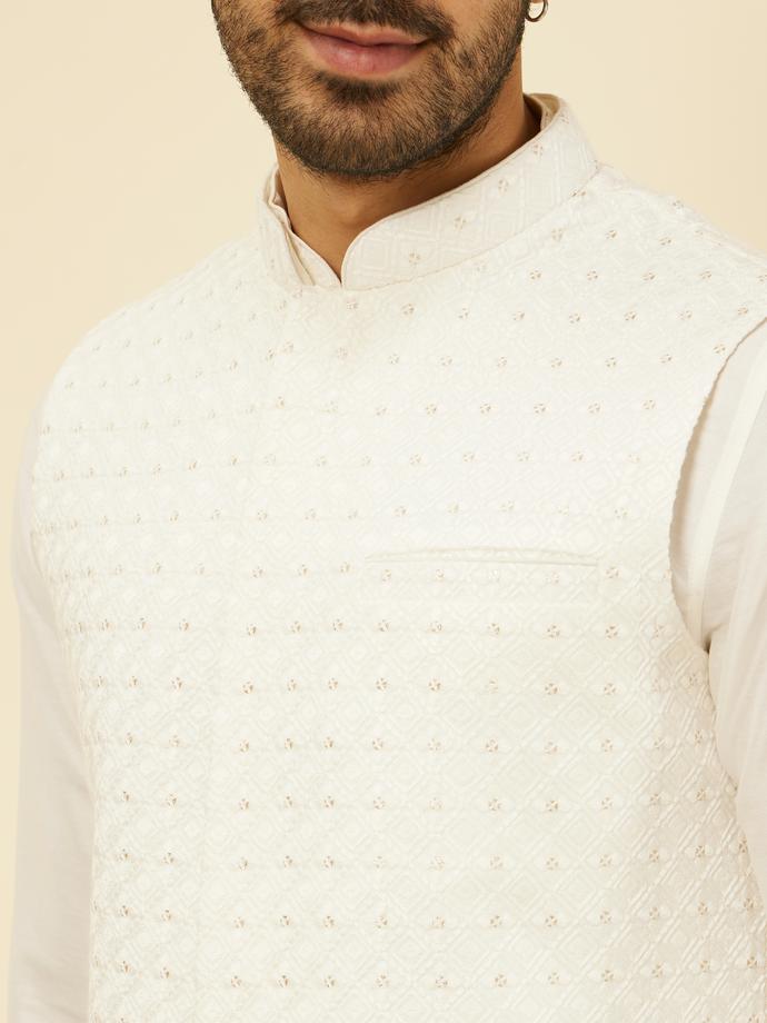 Twamev Men Warm White Self Patterned Kurta Jacket Set