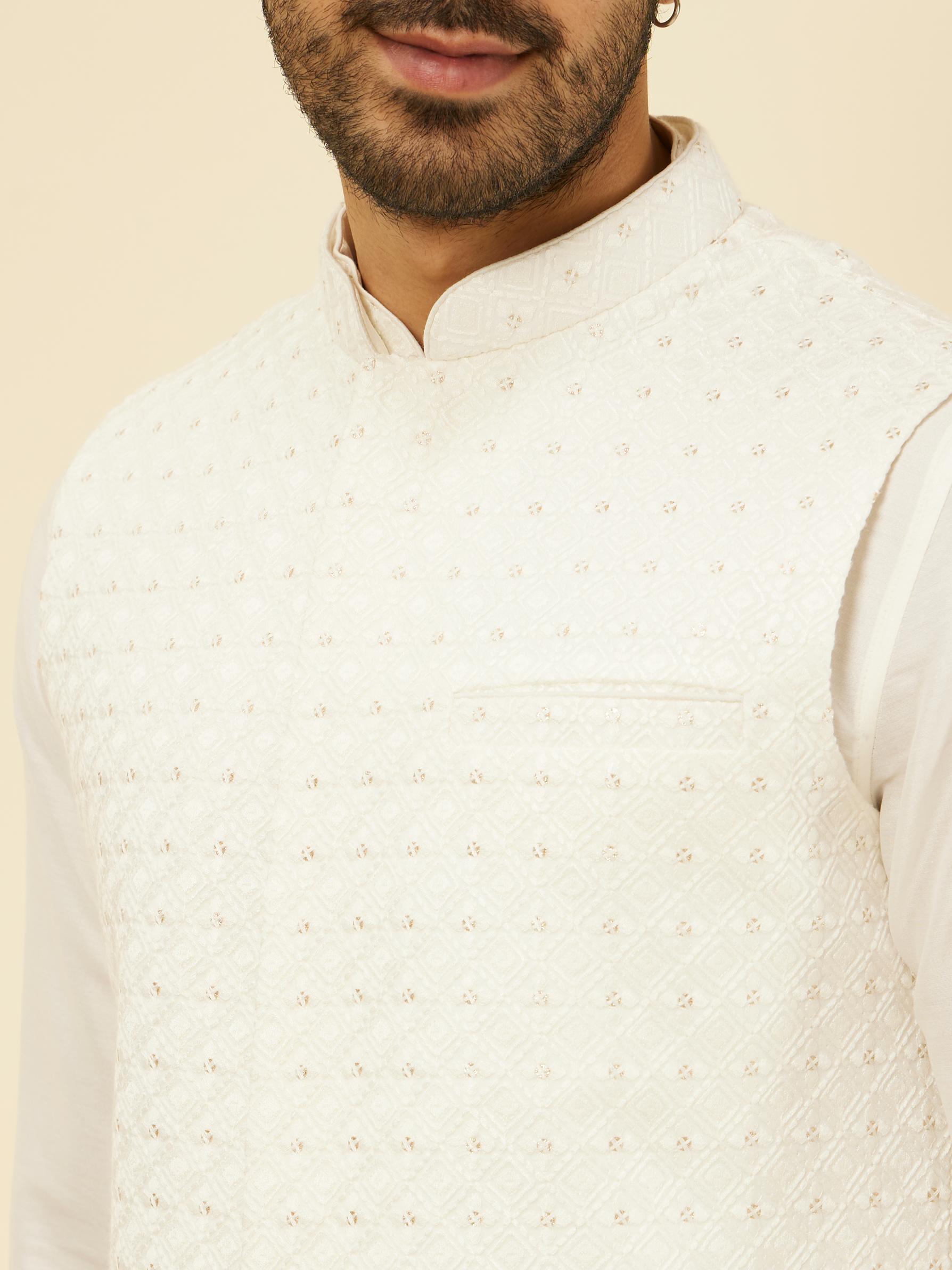 Twamev Men Warm White Self Patterned Kurta Jacket Set