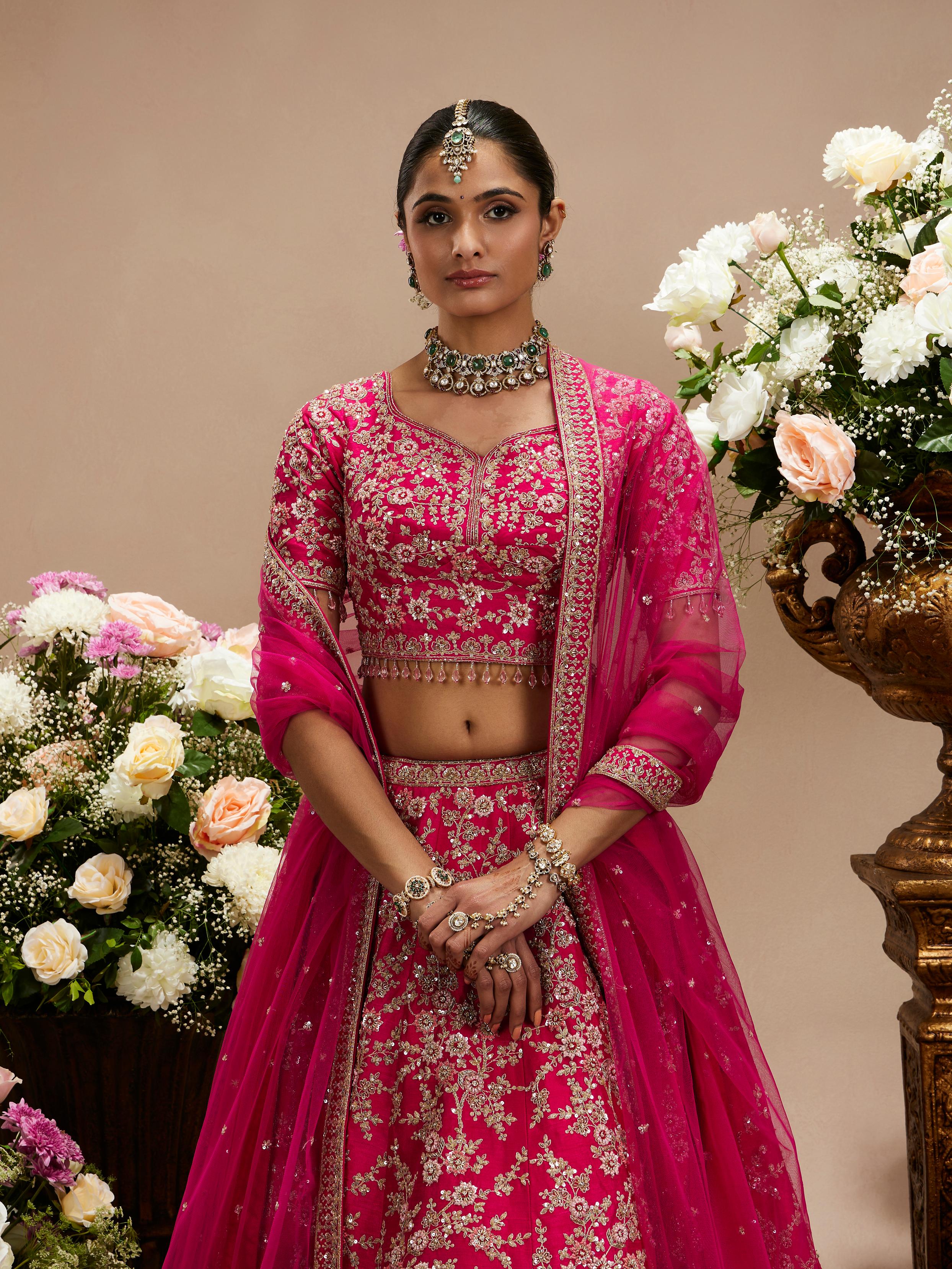 Twamev Women Rani Pink Bel Buti Embroidered Lehenga with Intricate Borders, Sequin And Stone Work