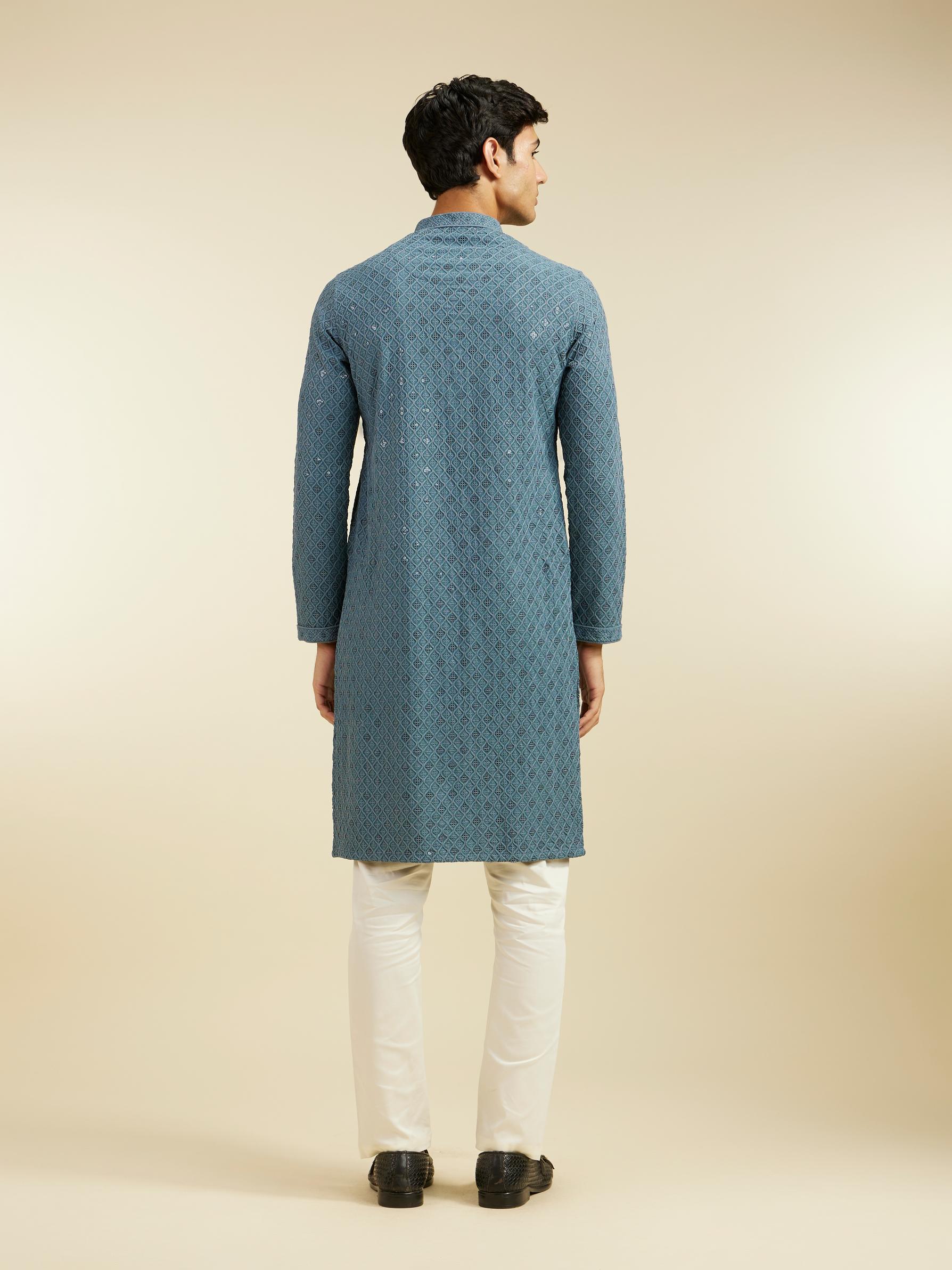 Diwas Men Oxford Blue Chikankari Kurta With Sequins