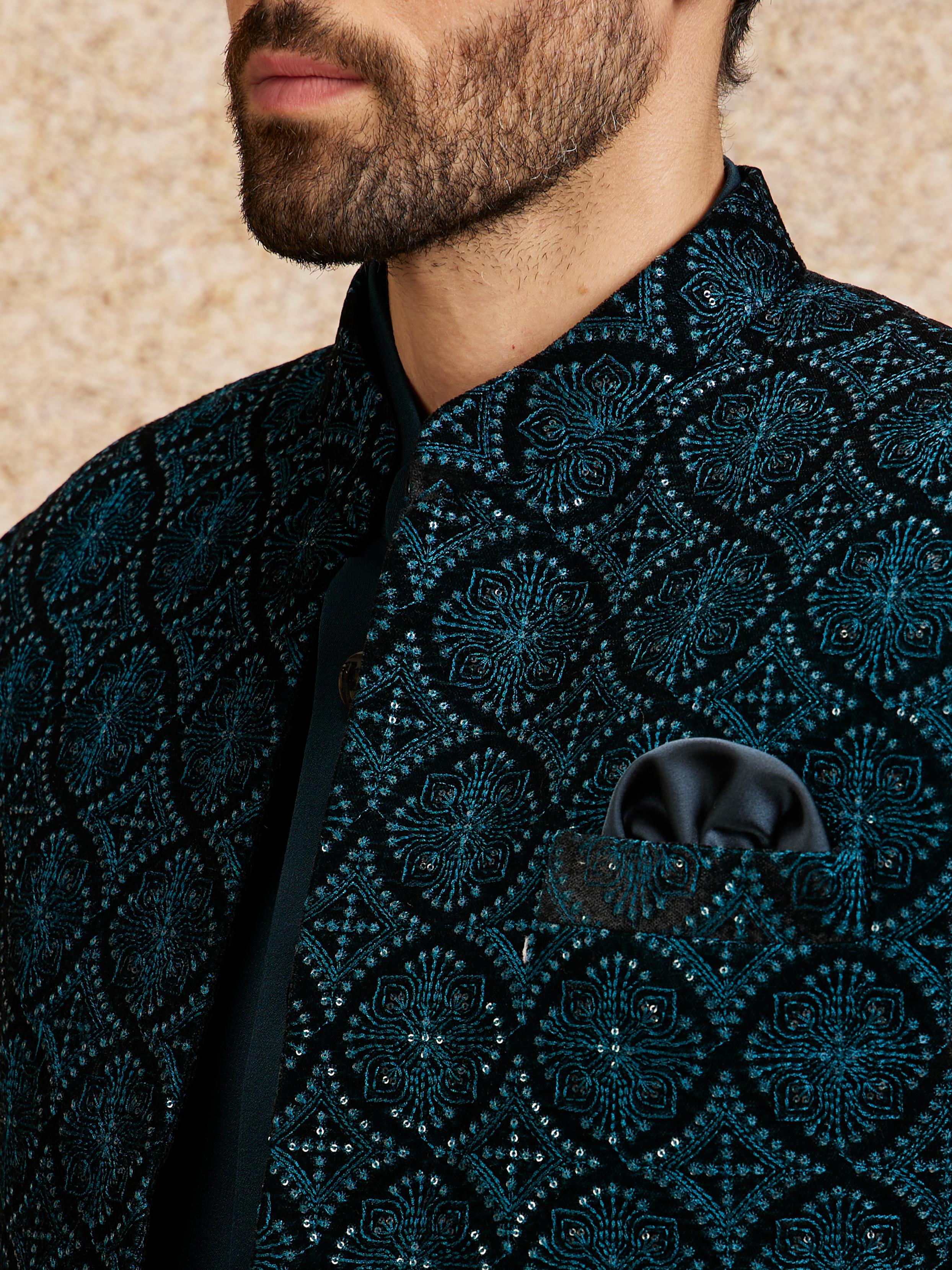 Twamev Men Turquoise Blue Extravaganza Indo Western