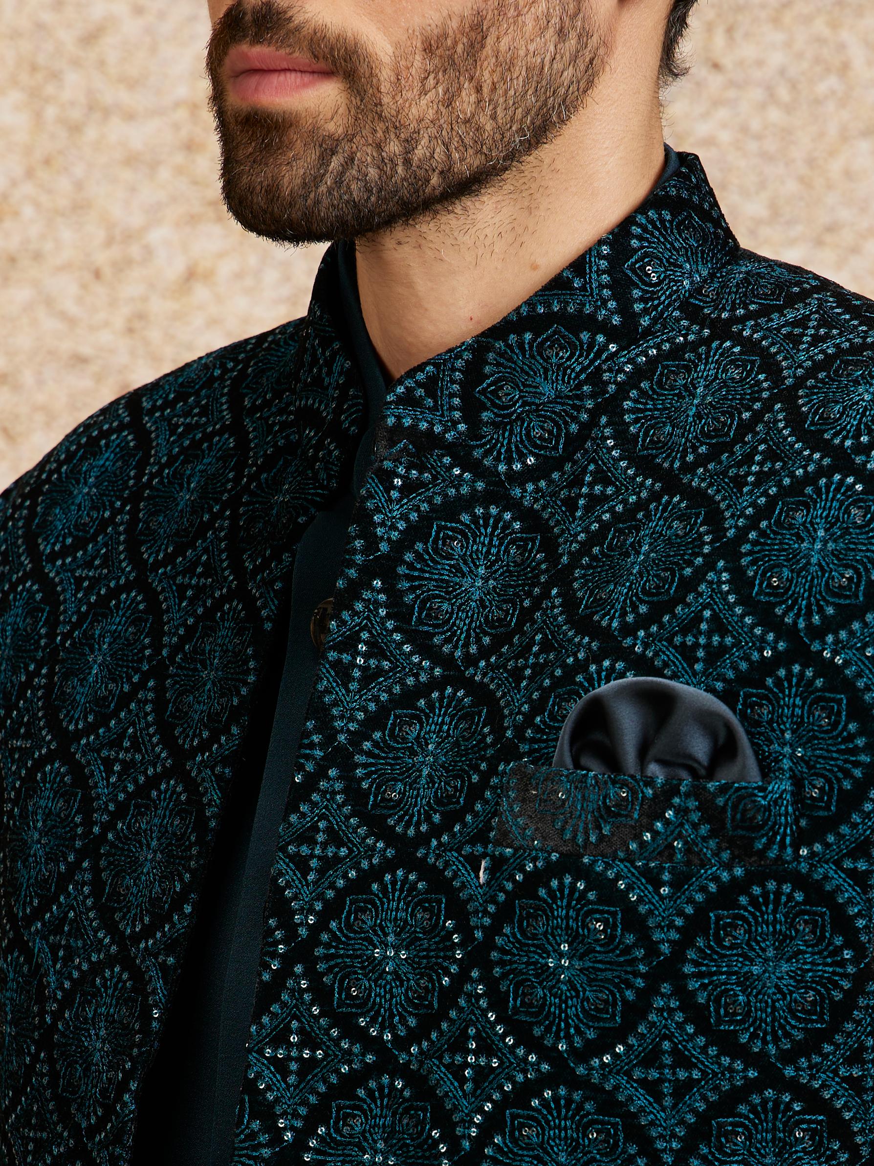 Twamev Men Turquoise Blue Extravaganza Indo Western