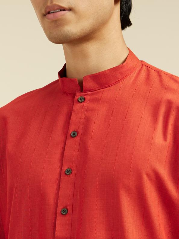 Diwas Men Scarlet Red Linear Self Striped Kurta