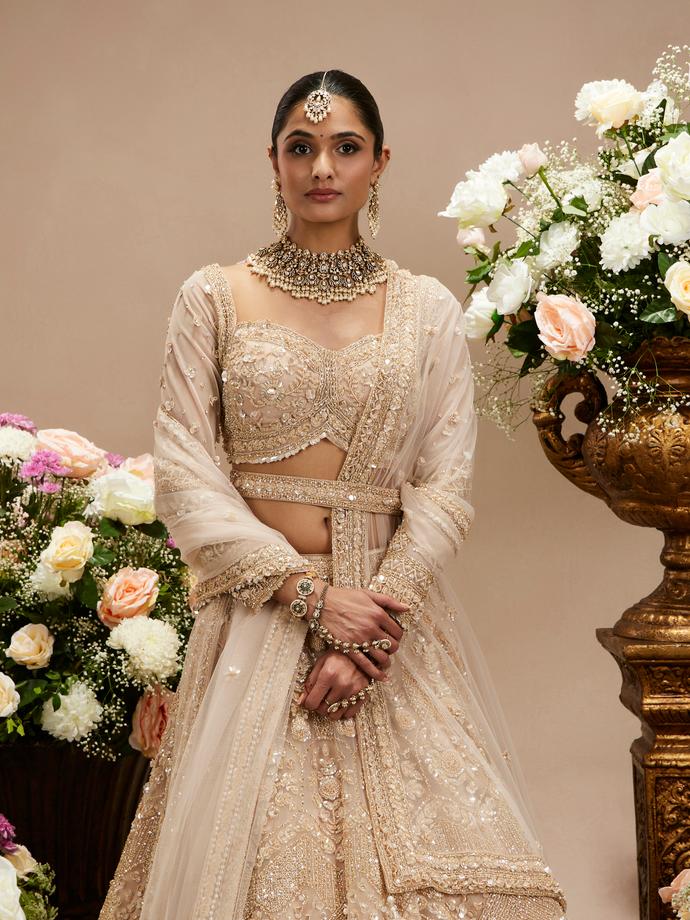 Twamev Women Honey Peach Jaal Patterned Lehenga with Floral Buta Motifs And Sequin And Stone Work