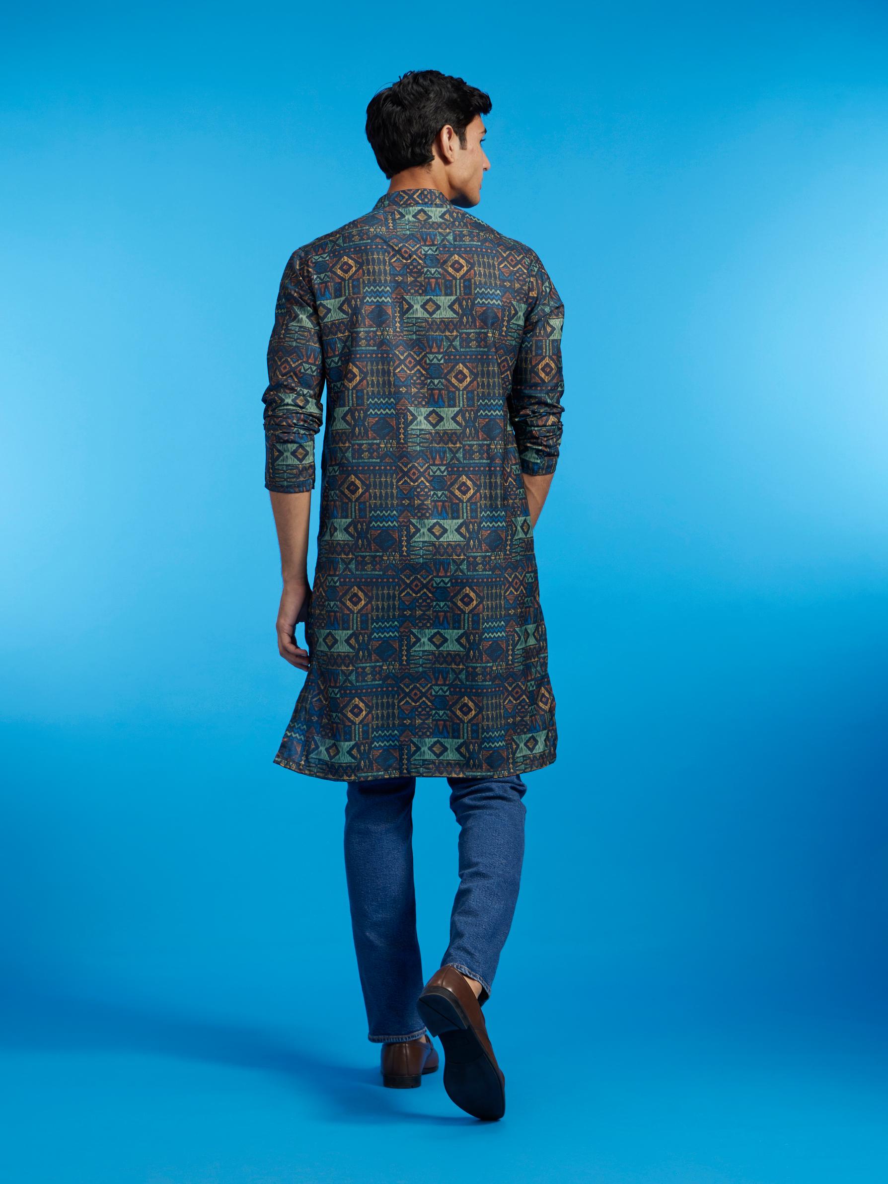 Diwas Men Teal Blue Aztec Printed Kurta
