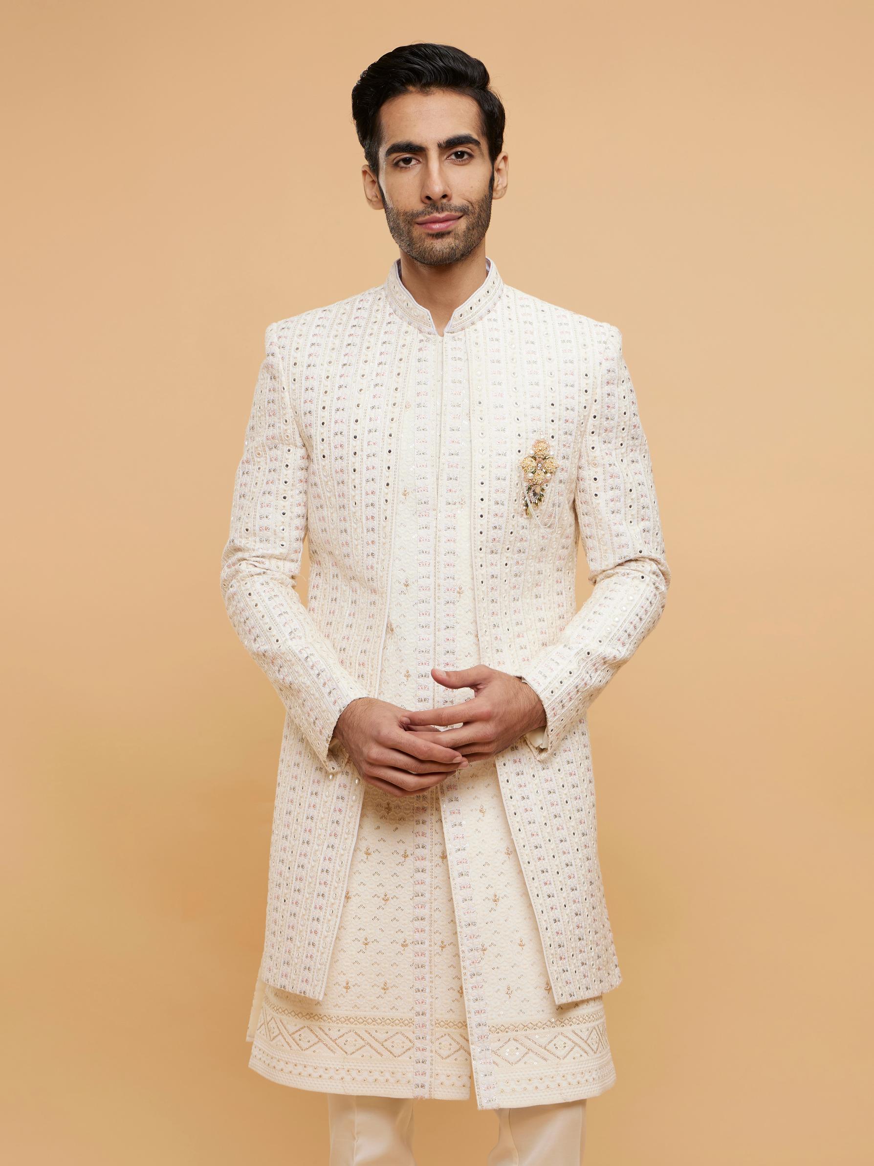 Twamev Men Cream Beige Mirror Embellished Sherwani Set