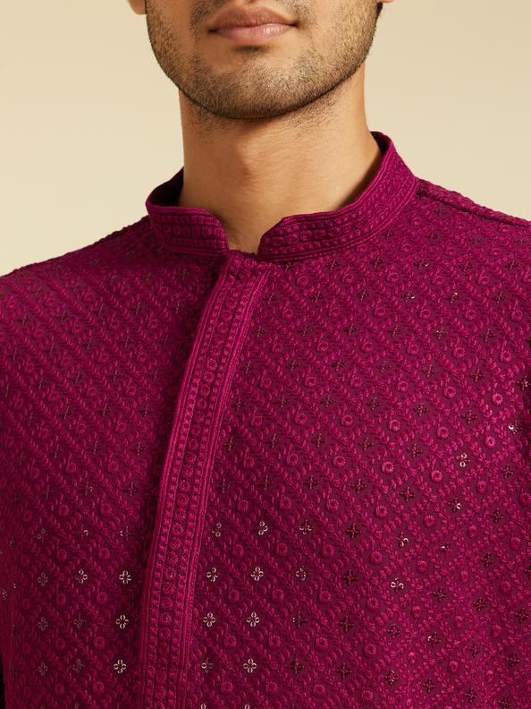 Diwas Men Wine Red Chikankari Kurta with Sequin