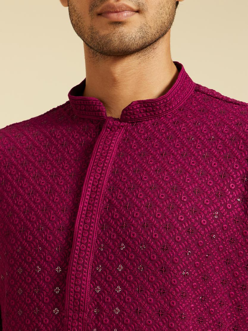 Diwas Men Wine Red Chikankari Kurta with Sequin