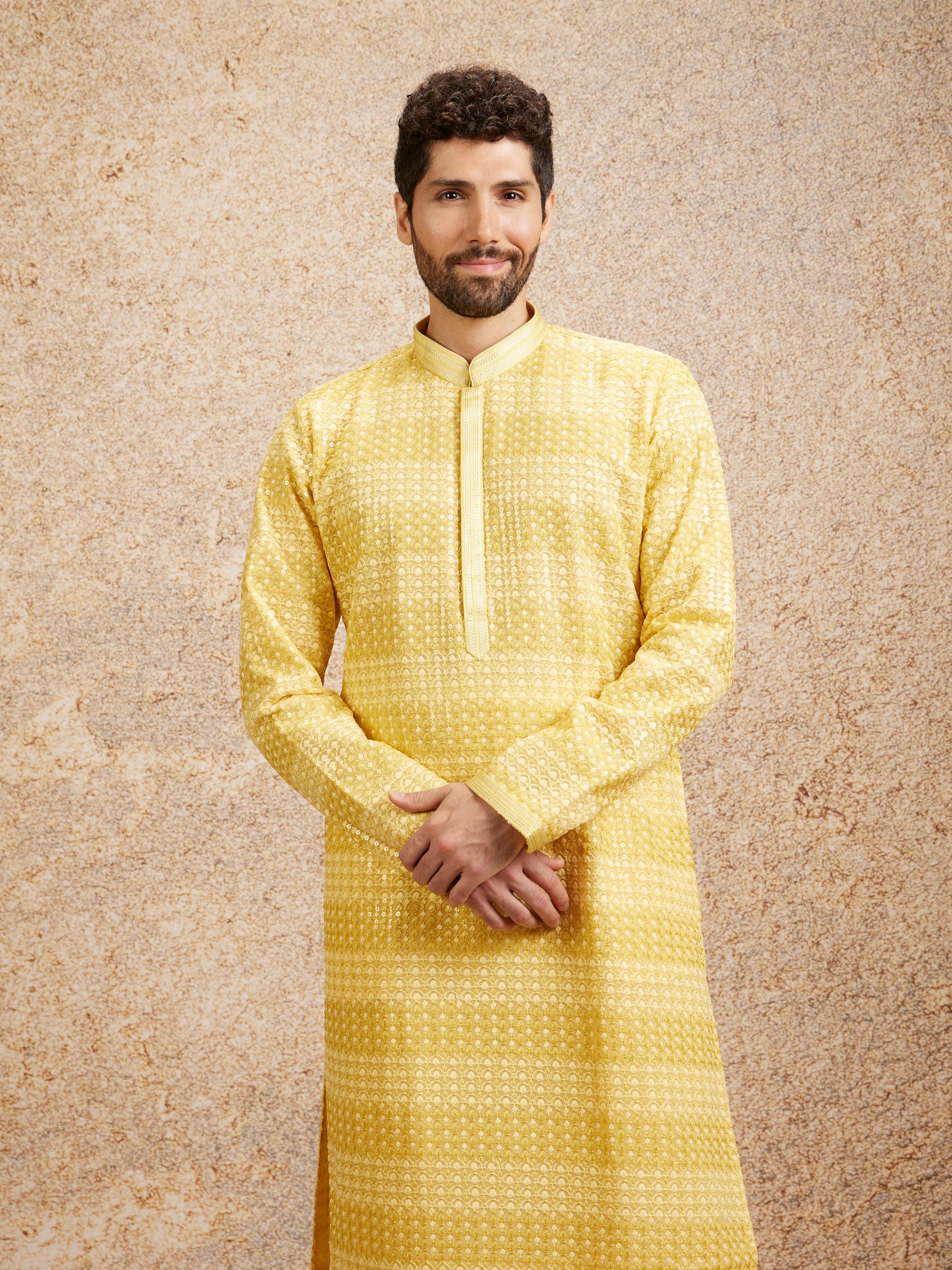 Twamev Men Sparkling Yellow Georgette Kurta Pajama