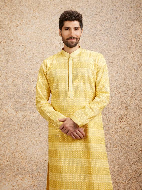 Twamev Men Sparkling Yellow Georgette Kurta Pajama