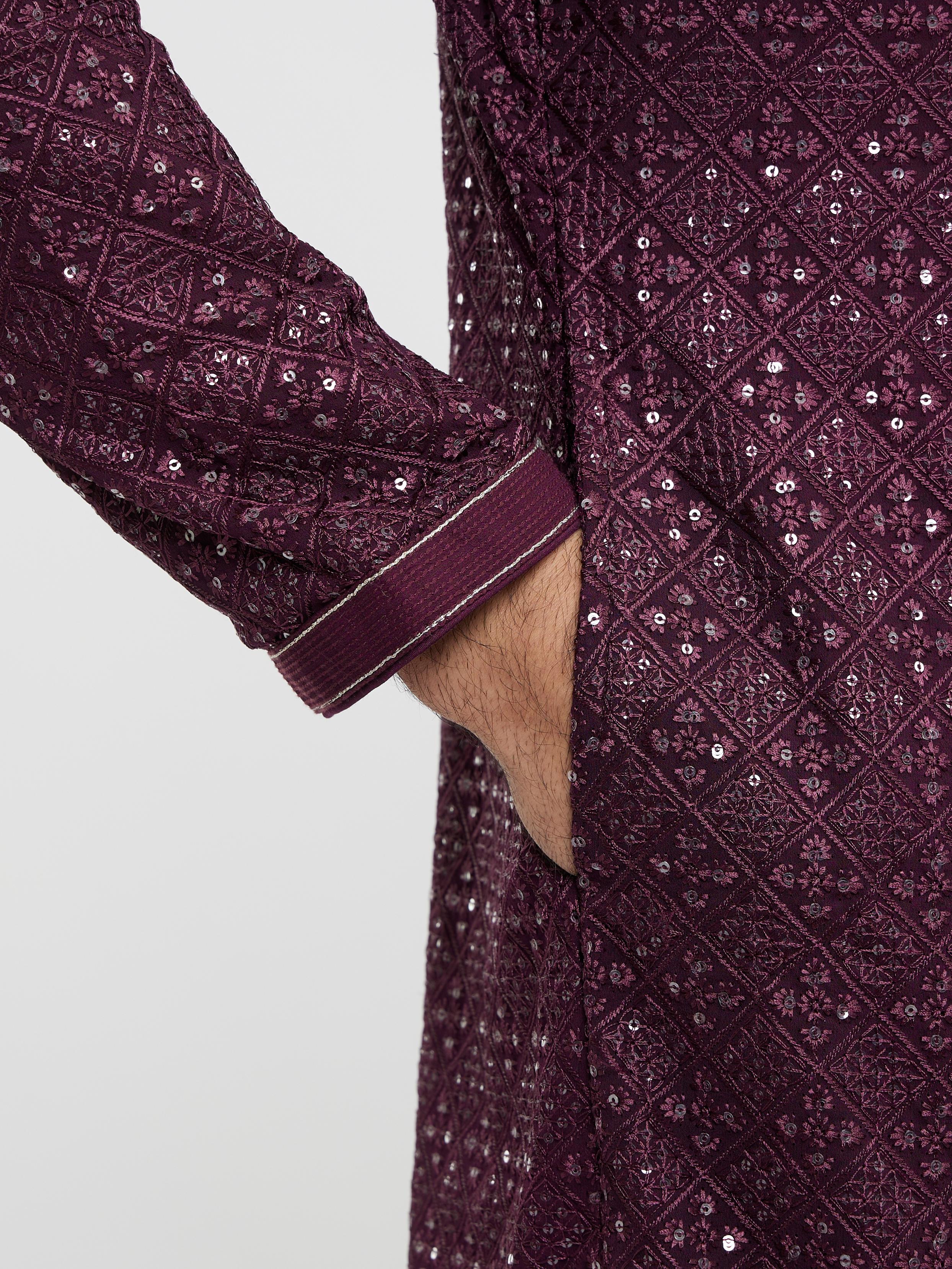 Twamev Men Wine Georgette Kurta Pajama Glamour