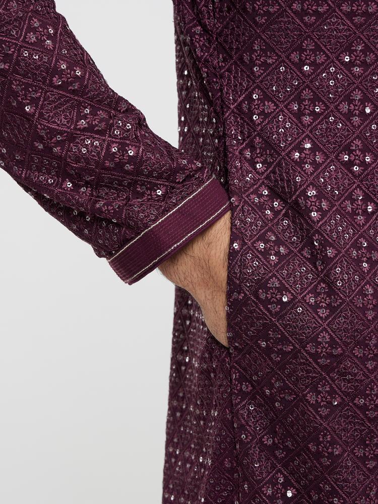 Twamev Men Wine Georgette Kurta Pajama Glamour