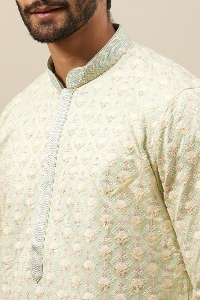 Twamev Men Mint Green Self Embroidered Kurta Set