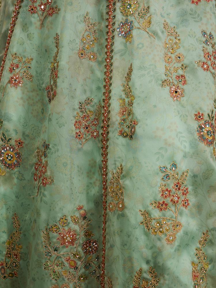 Twamev Women Sea Green Floral Embroidered Lehenga with Mirror Work And Tassled Blouse