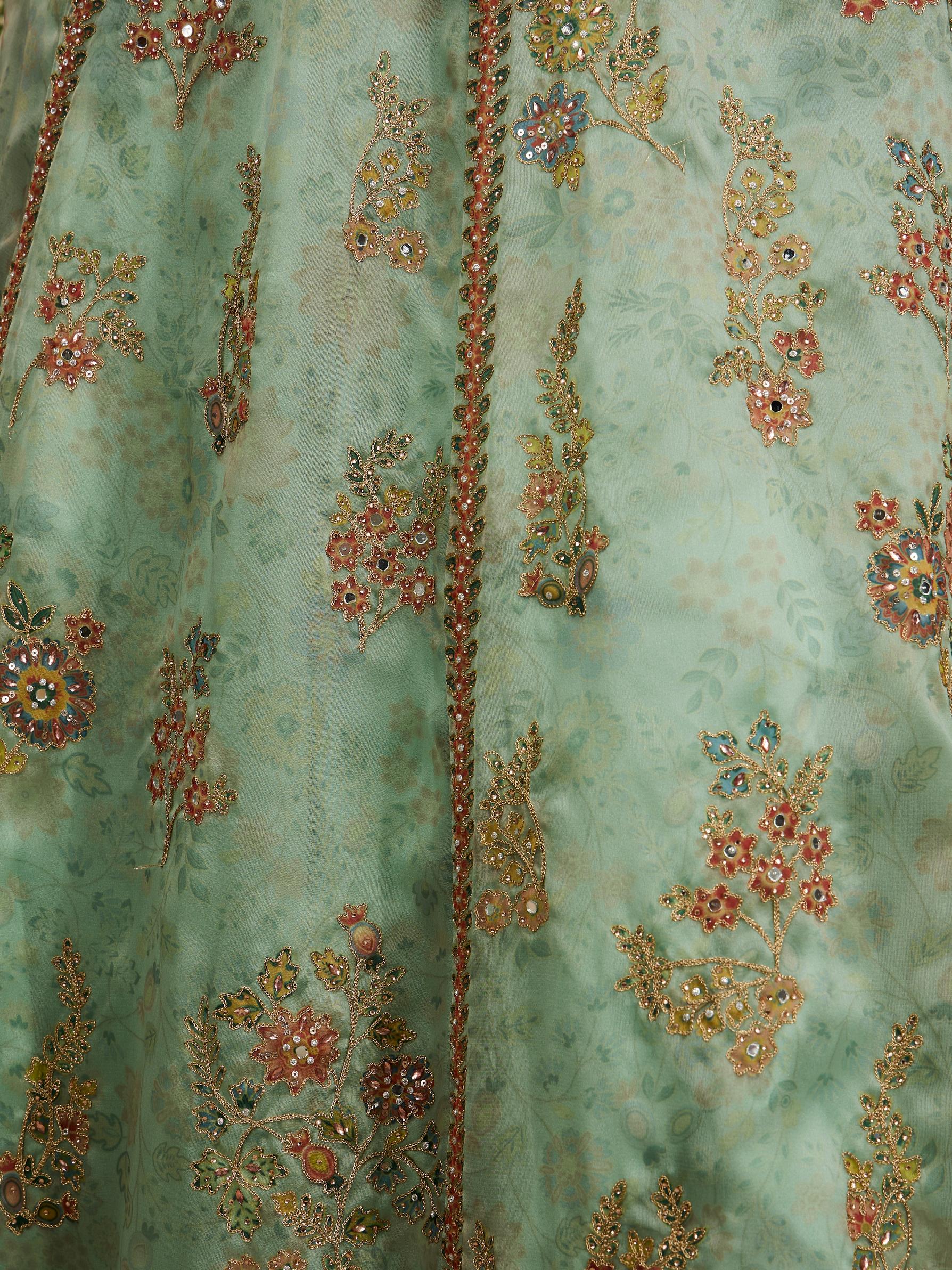 Twamev Women Sea Green Floral Embroidered Lehenga with Mirror Work And Tassled Blouse