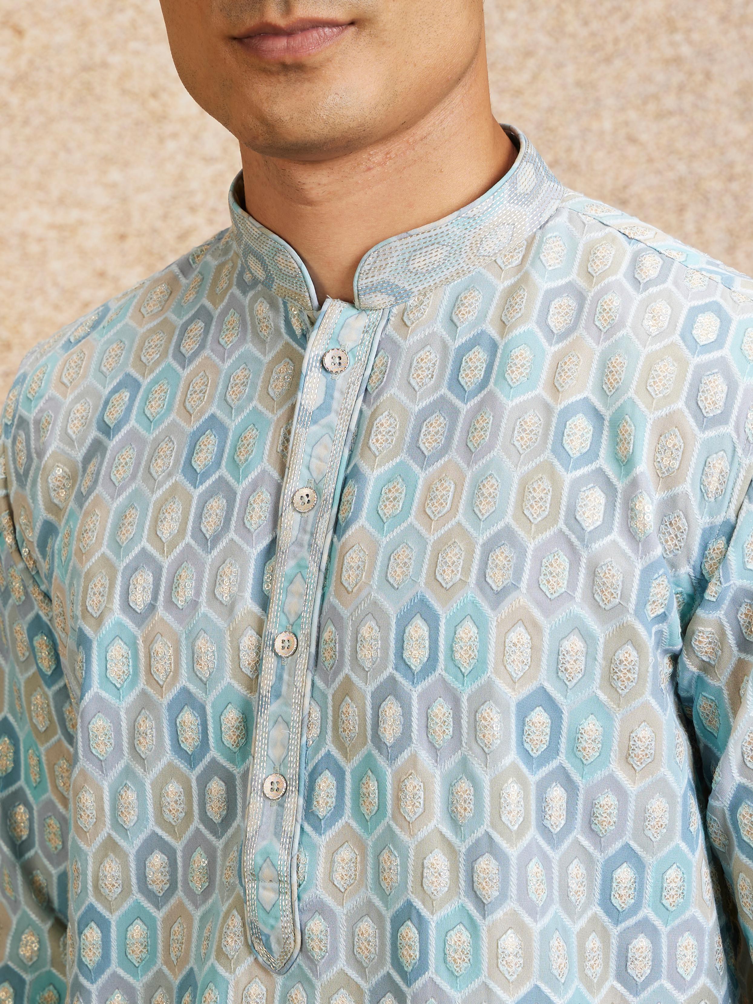 Twamev Men Tranquil Blue Self Patterned Kurta Set