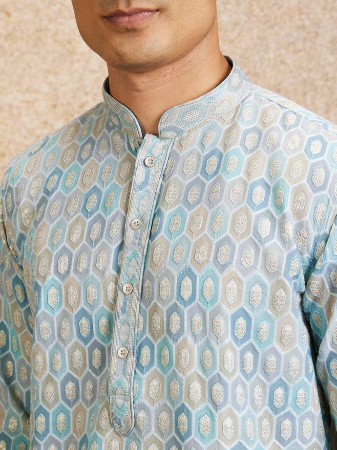 Twamev Men Tranquil Blue Self Patterned Kurta Set