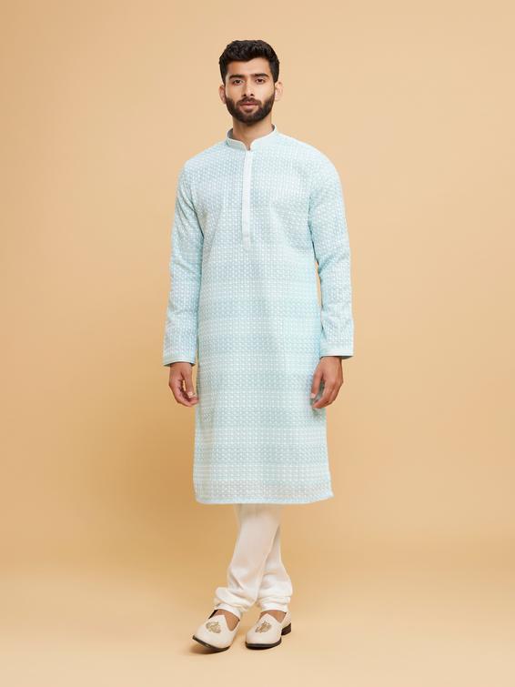 Twamev Men Aqua Green Georgette Kurta Pajama