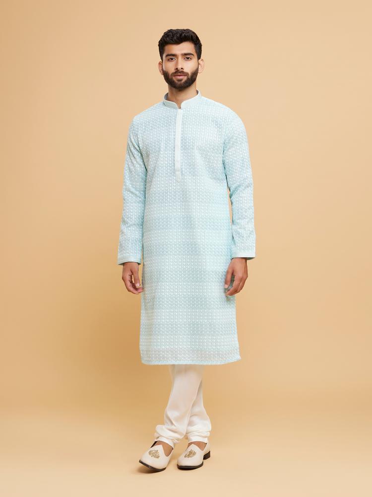 Twamev Men Aqua Green Georgette Kurta Pajama