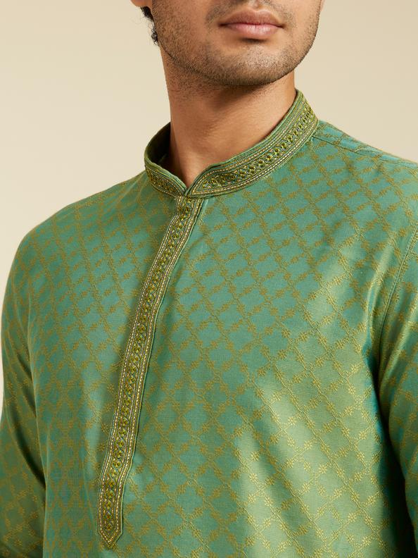 Diwas Men Forest Green Grid Patterned Kurta with Embroidered Neckline