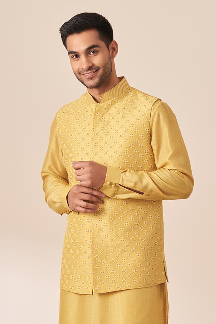 Twamev Men Honey Yellow Self Design Kurta Jacket Set